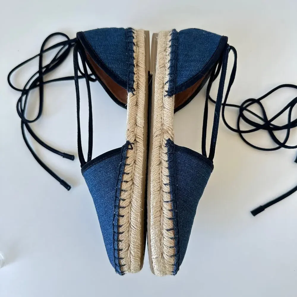 FRYE Leo Denim Espadrilles Wrap Up Lace Navy Size 7M